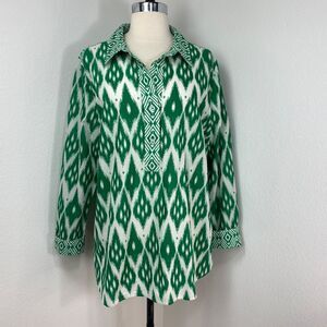 Talbots Green Ikat Cotton Tunic Blouse Large Collared Long Sleeves Lightweight